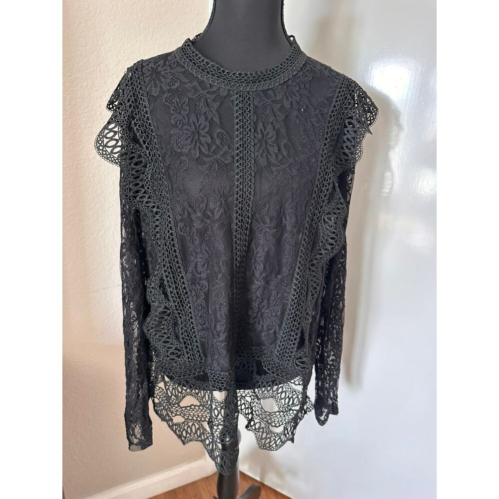 Black Lace Blouse Victorian-Style Crochet Trim Long Sleeve Top Witchy Goth Sz XL